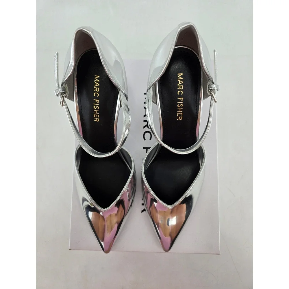 Marc Fisher Haben Pumps Womens 6.5 Silver Metallic Pointed Toe Ankle Strap - NEW